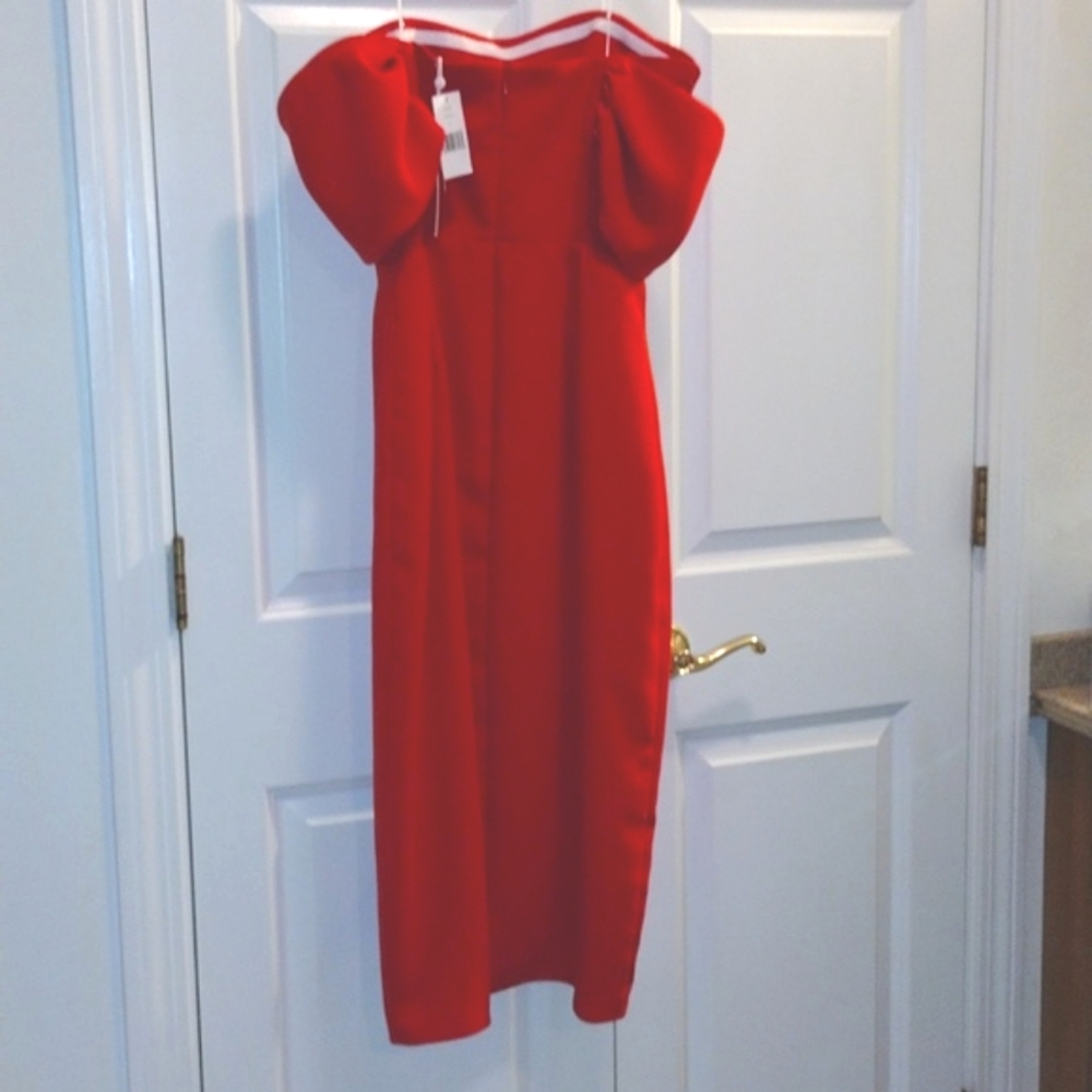 Amanda Uprichard Darien Off The Shoulder, Slit, Midi Dress in Lipstick Red 6 NWT